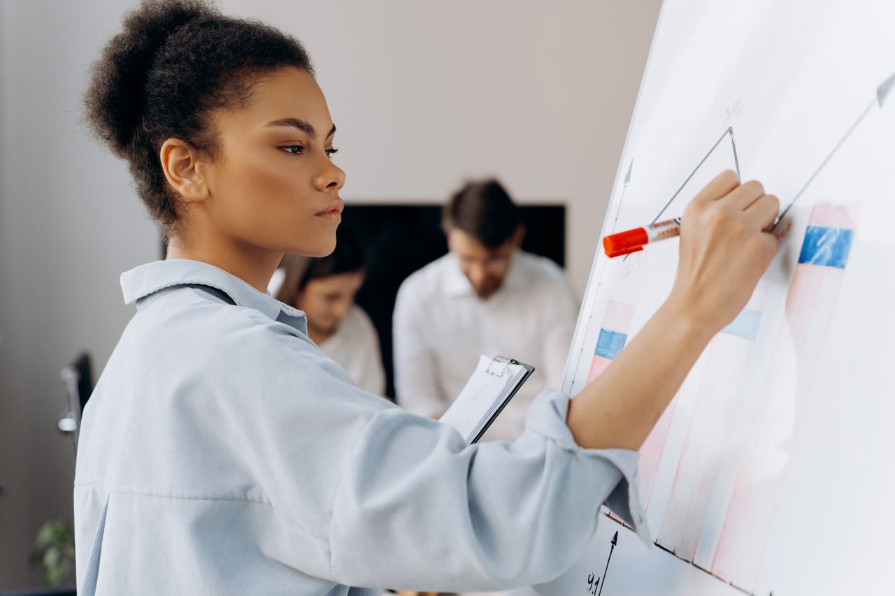 who-we-are Confident businesswoman illustrates data on whiteboard during a team meeting, showcasing collaborative analysis.